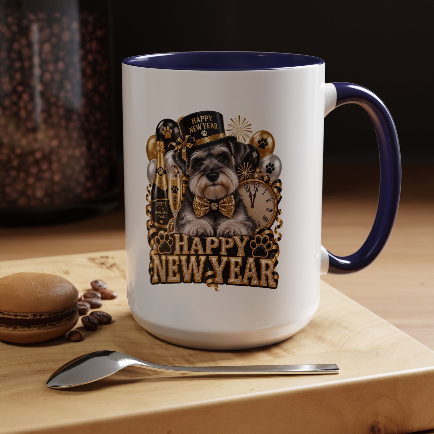 Happy New Year Dog Coffee Mug — Festive Black & Gold 11/15oz Accent Mug
