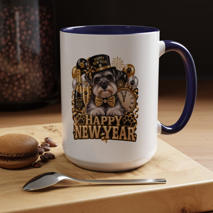 Happy New Year Dog Coffee Mug — Festive Black & Gold 11/15oz Accent Mug