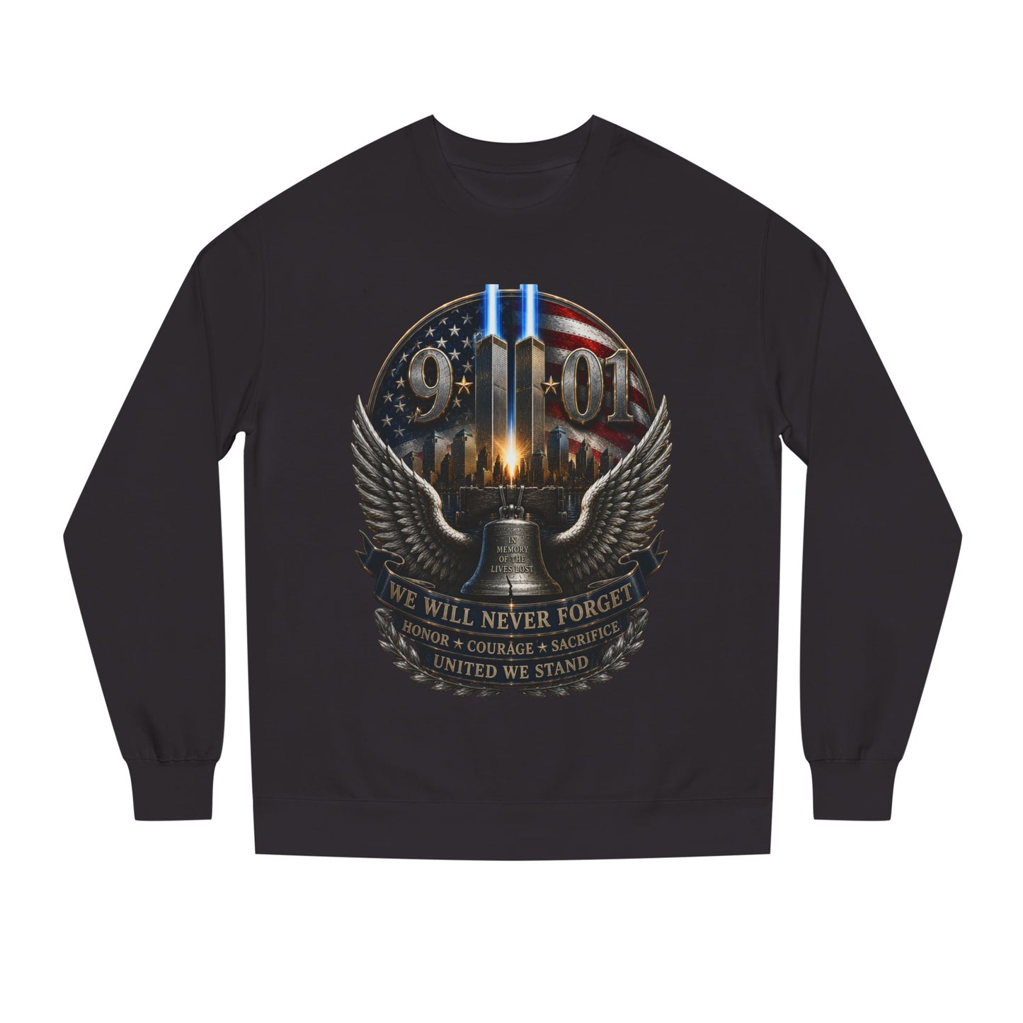 9/11 Memorial Sweatshirt — We Will Never Forget Tribute Crewneck