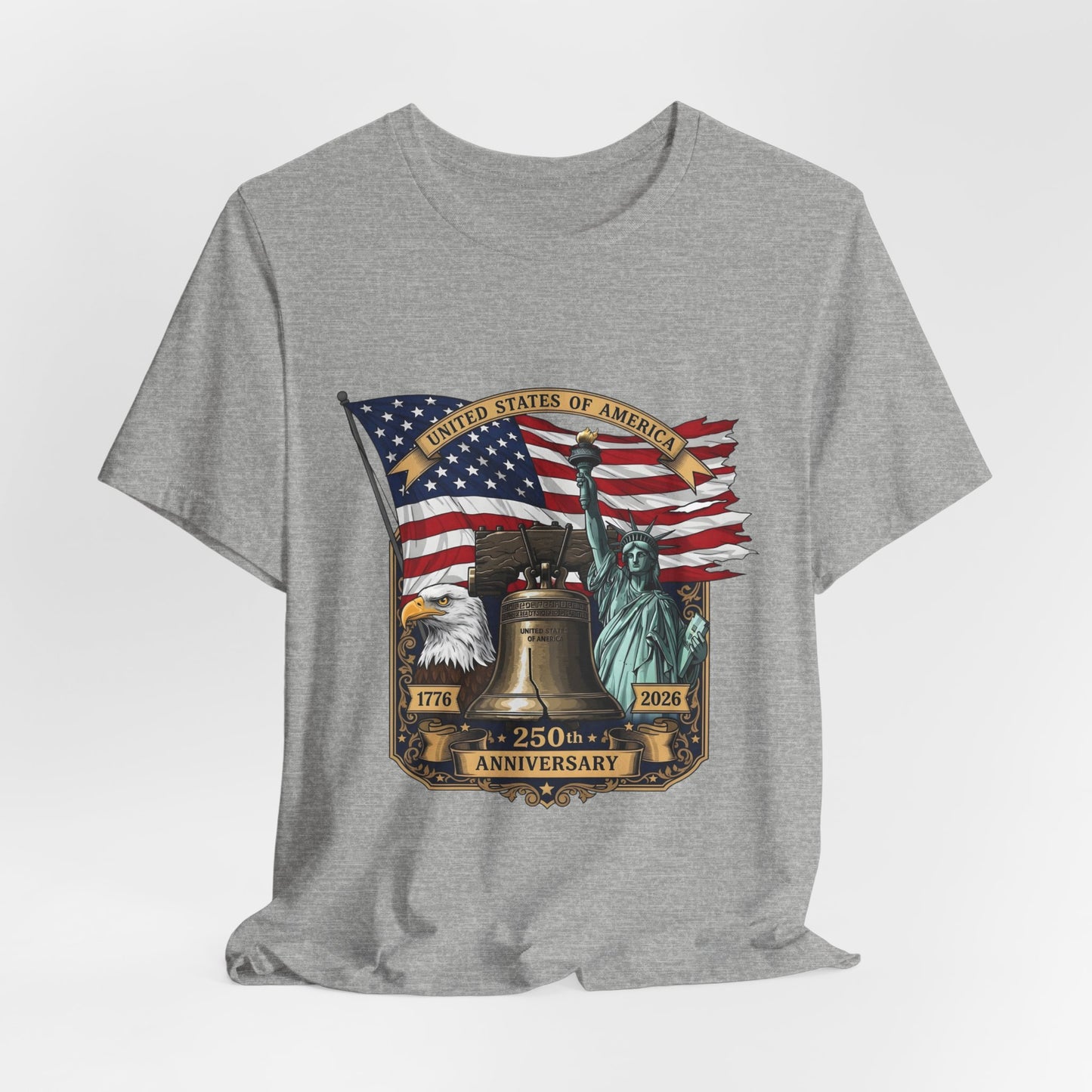 Liberty 250th Anniversary T-Shirt — American Flag, Liberty Bell & Statue of Liberty Tee