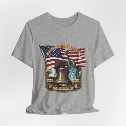 Liberty 250th Anniversary T-Shirt — American Flag, Liberty Bell & Statue of Liberty Tee