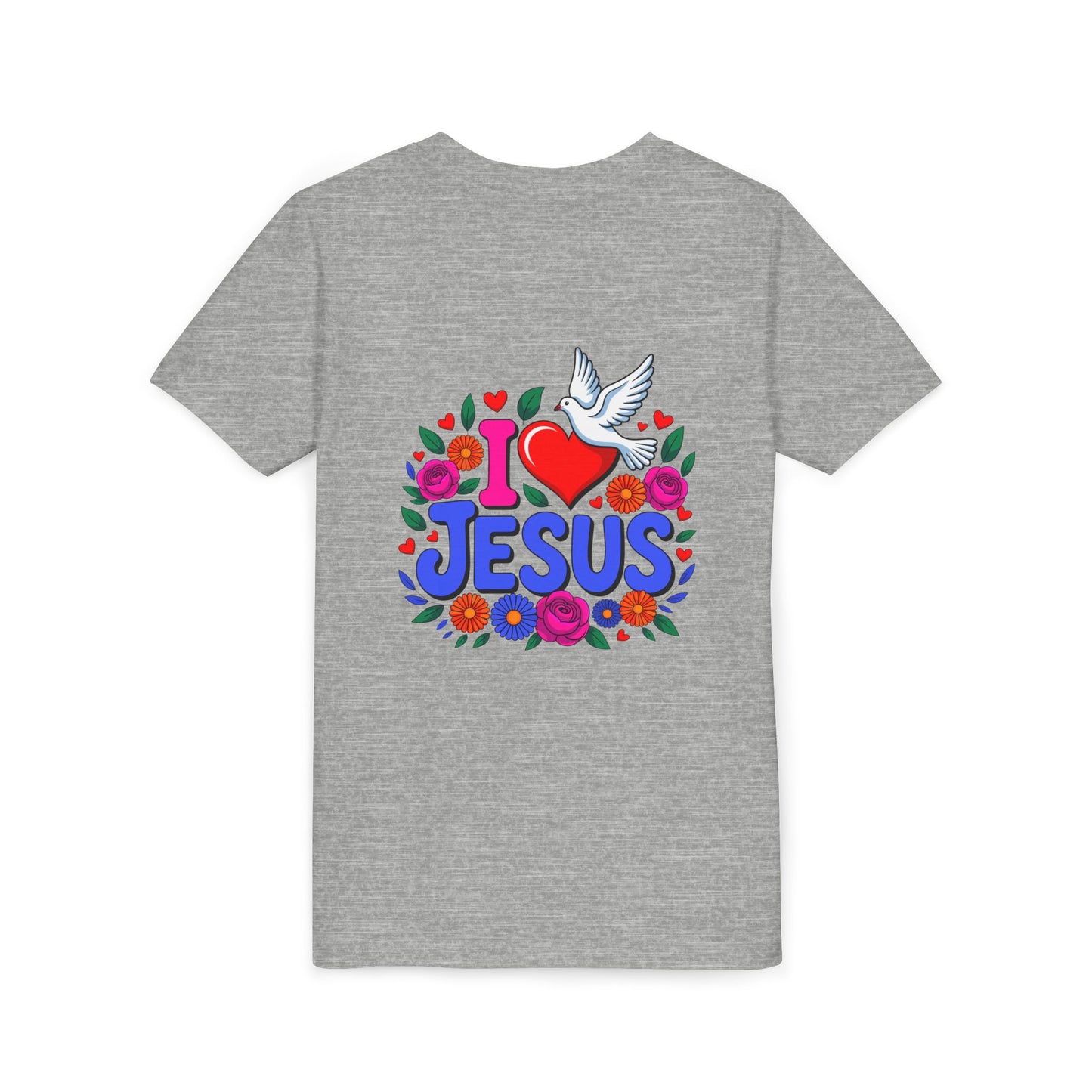 Youth Tee — "I  Jesus" Colorful Dove & Floral Christian Shirt