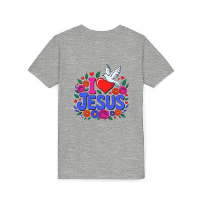 Youth Tee — "I  Jesus" Colorful Dove & Floral Christian Shirt