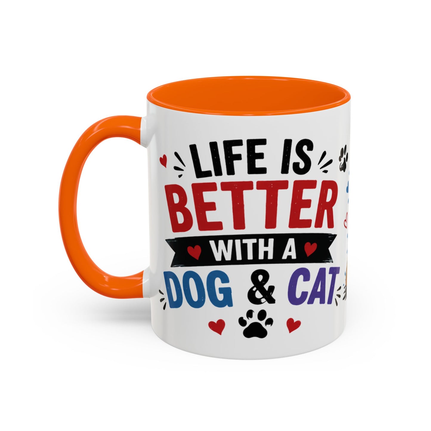 Dog and Cat Coffee Mug – "Life is Better with a Cat" Accent Ceramic Mug