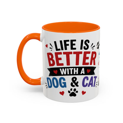 Dog and Cat Coffee Mug – "Life is Better with a Cat" Accent Ceramic Mug