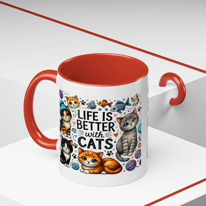 Life Is Better With Cats Accent Coffee Mug – Cute Kitten Ceramic Tea Cup (11/15oz)