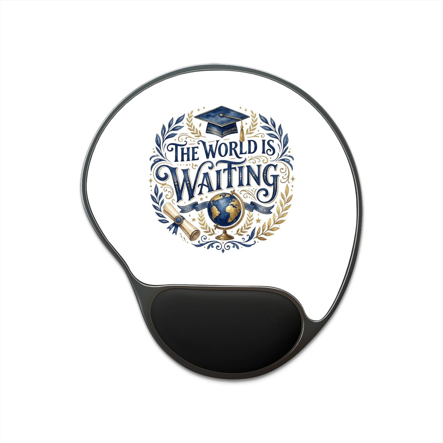 Graduation Mouse Pad with Wrist Rest — "The World Is Waiting" Inspirational Desk Mat