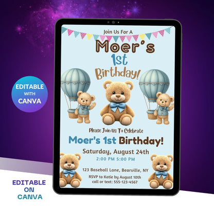 Editable Beary First Birthday Invitation Template | Teddy Bear 1st Birthday Digital Invite