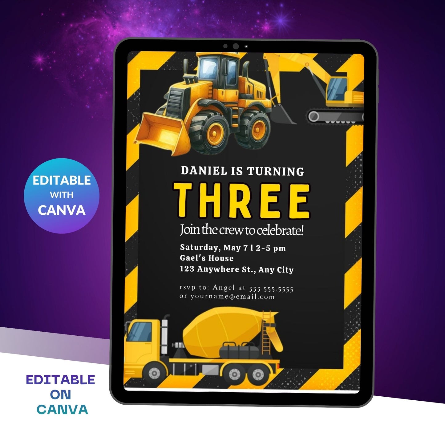 Construction Birthday Invitation Template | Editable Builder Theme Party Invite