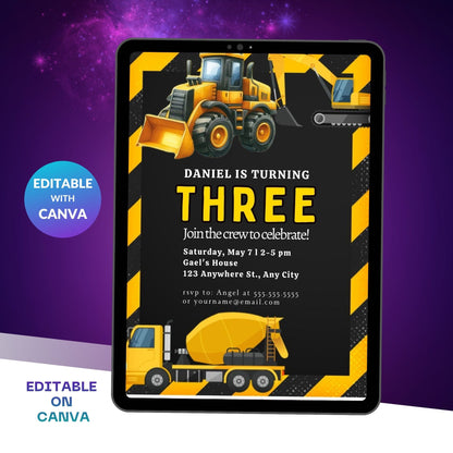 Construction Birthday Invitation Template | Editable Builder Theme Party Invite