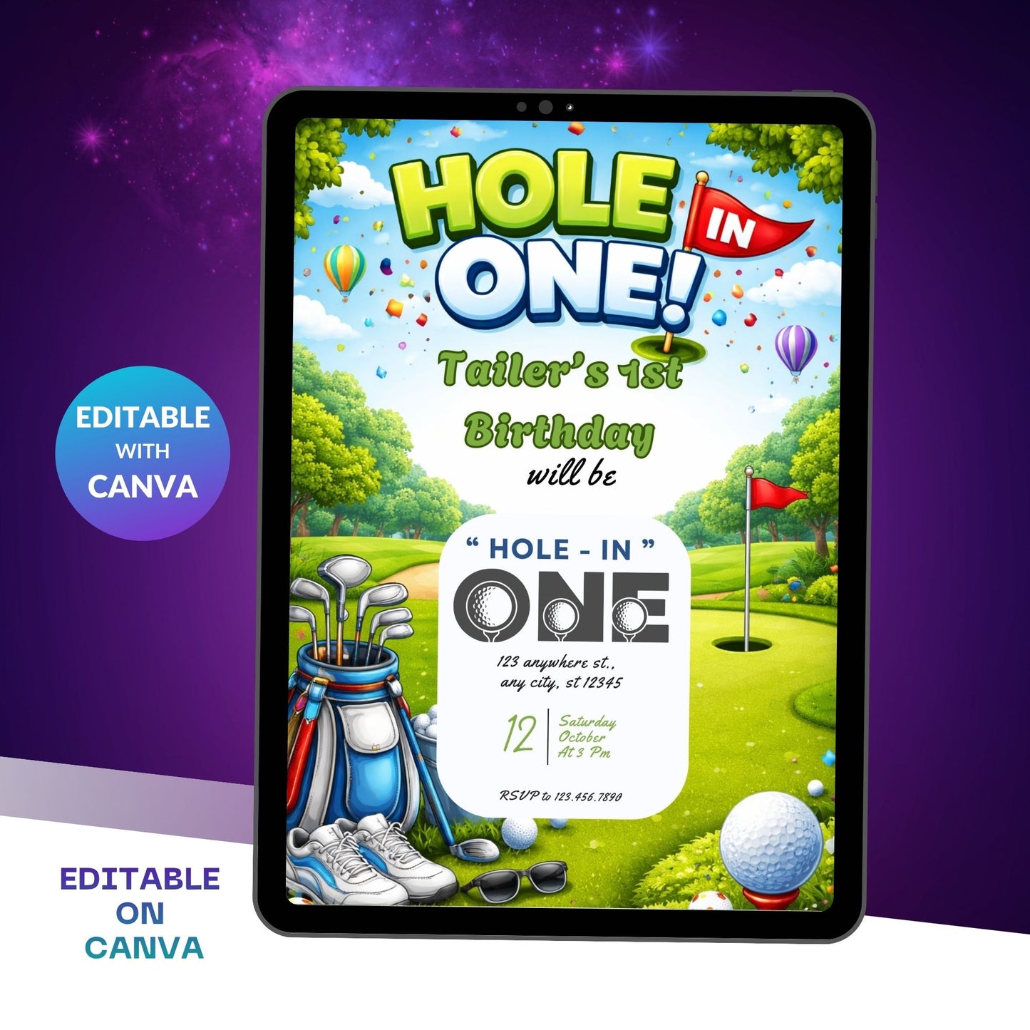 Editable Golf Hole In One Birthday Invitation Template | Golf Theme 1st Birthday Digital Invite