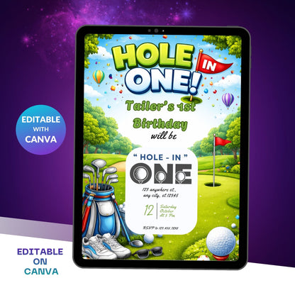 Editable Golf Hole In One Birthday Invitation Template | Golf Theme 1st Birthday Digital Invite