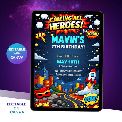 Superheroes Birthday Invitation Template | Editable Kids Hero Party Digital Invite