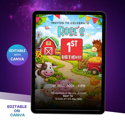 Farm Birthday Invitation Template | Editable Kids Farm Party Digital Invite
