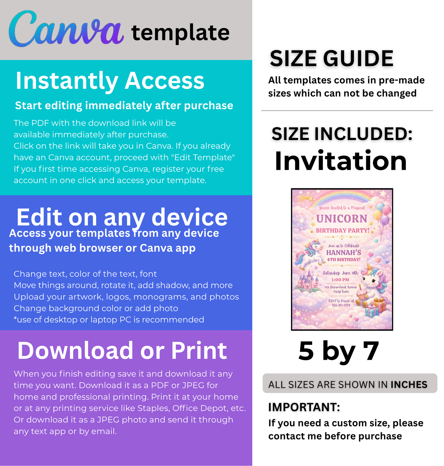 Unicorn Birthday Invitation Template | Editable Kids Magical Party Invite
