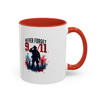 Never Forget 9/11 Accent Coffee Mug — Patriotic Memorial Tribute (11oz, 15oz)
