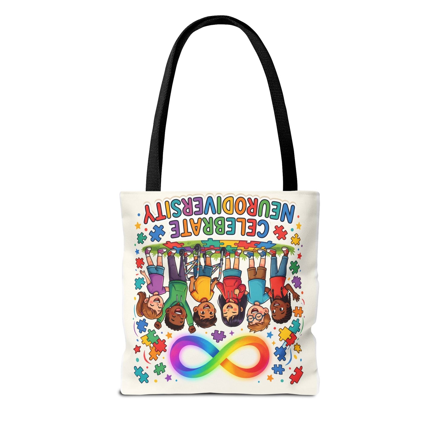 Celebrate Neurodiversity Tote Bag — Rainbow Infinity Symbol & Kids Design