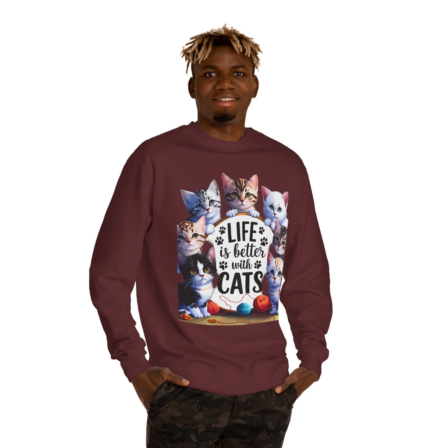 Cats Crewneck Sweatshirt — "Life Is Better With Cats" Cozy Cat Lover Pullover