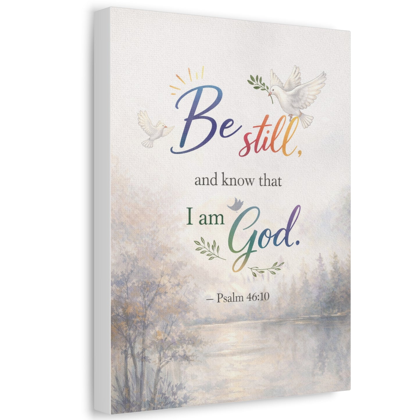 Be Still Psalm 46:10 Stretched Canvas Wall Art — Inspirational Christian Decor with Dove and Tranquil Landscape