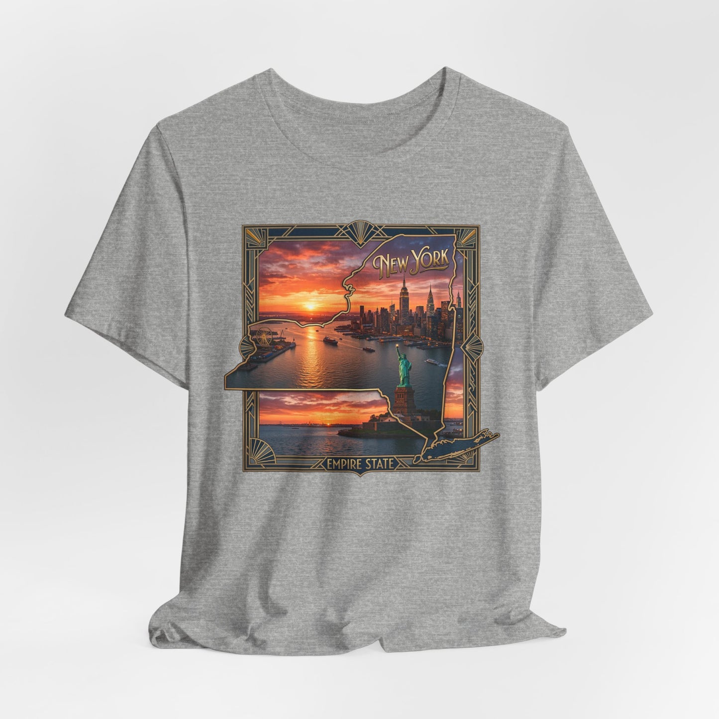 New York Sunset Skyline Tee — Statue of Liberty Vintage Travel T‑Shirt