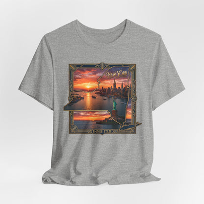 New York Sunset Skyline Tee — Statue of Liberty Vintage Travel T‑Shirt