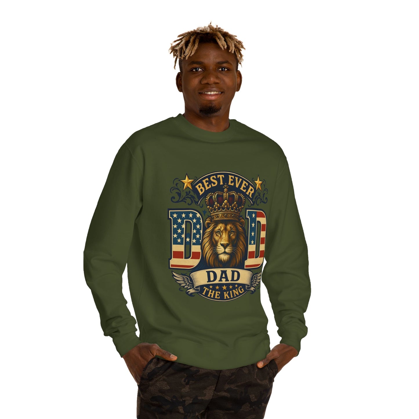 Best Ever Dad Crewneck Sweatshirt — "Dad The King" Lion Patriotic Fathers Day Gift