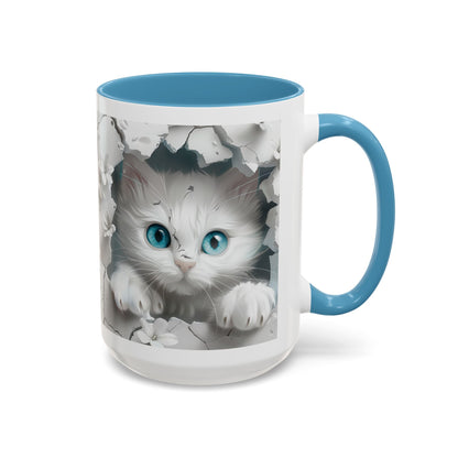 Cute Blue-Eyed Kitten Accent Coffee Mug – Floral Peekaboo Cat Design (11/15 oz)