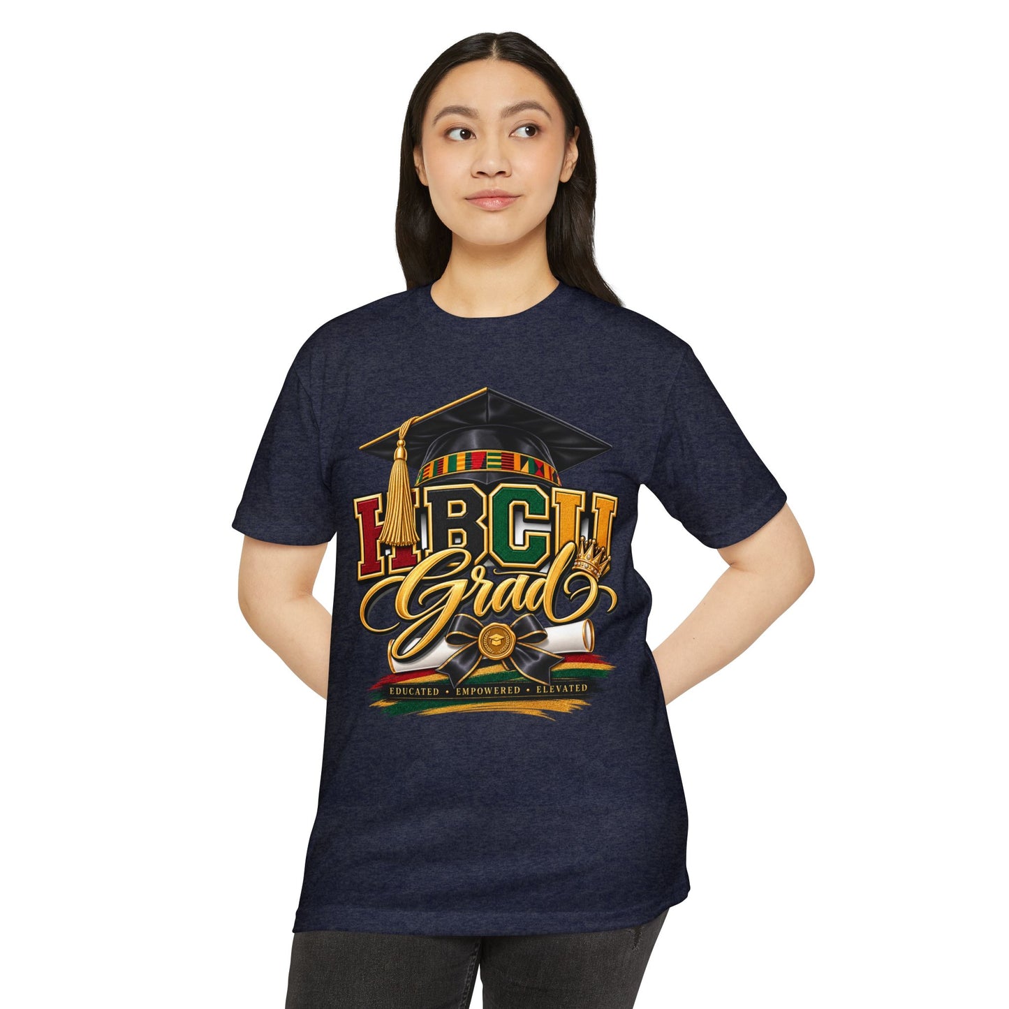 HBCU Grad T-Shirt — Black Graduation Cap & Kente Design