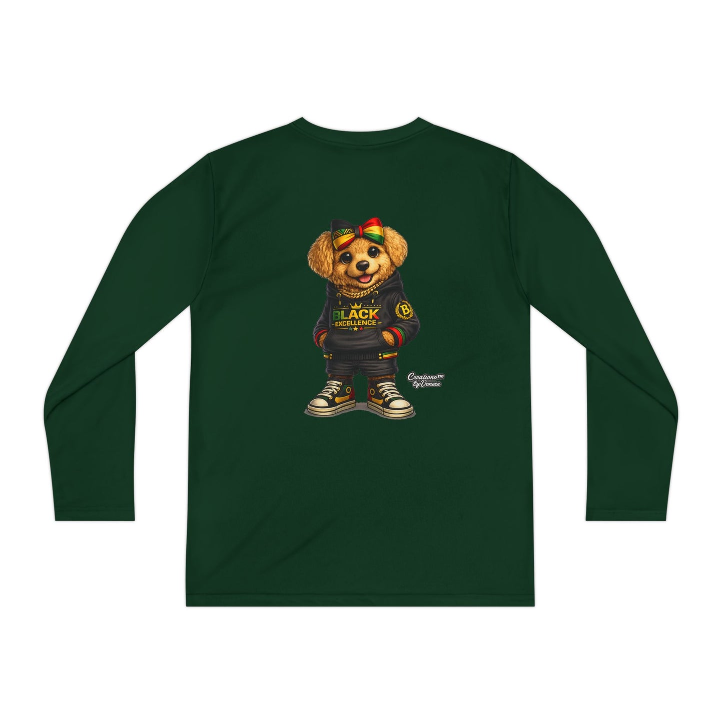 Youth Long Sleeve Tee — Trendy Bear Graphic "Black Excellence"