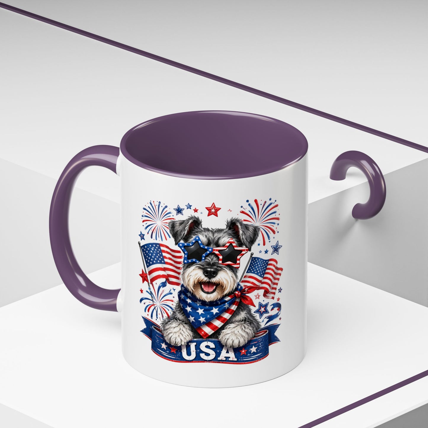 Patriotic Schnauzer Coffee Mug – USA Flag, Fireworks Accent Mug (11/15oz)