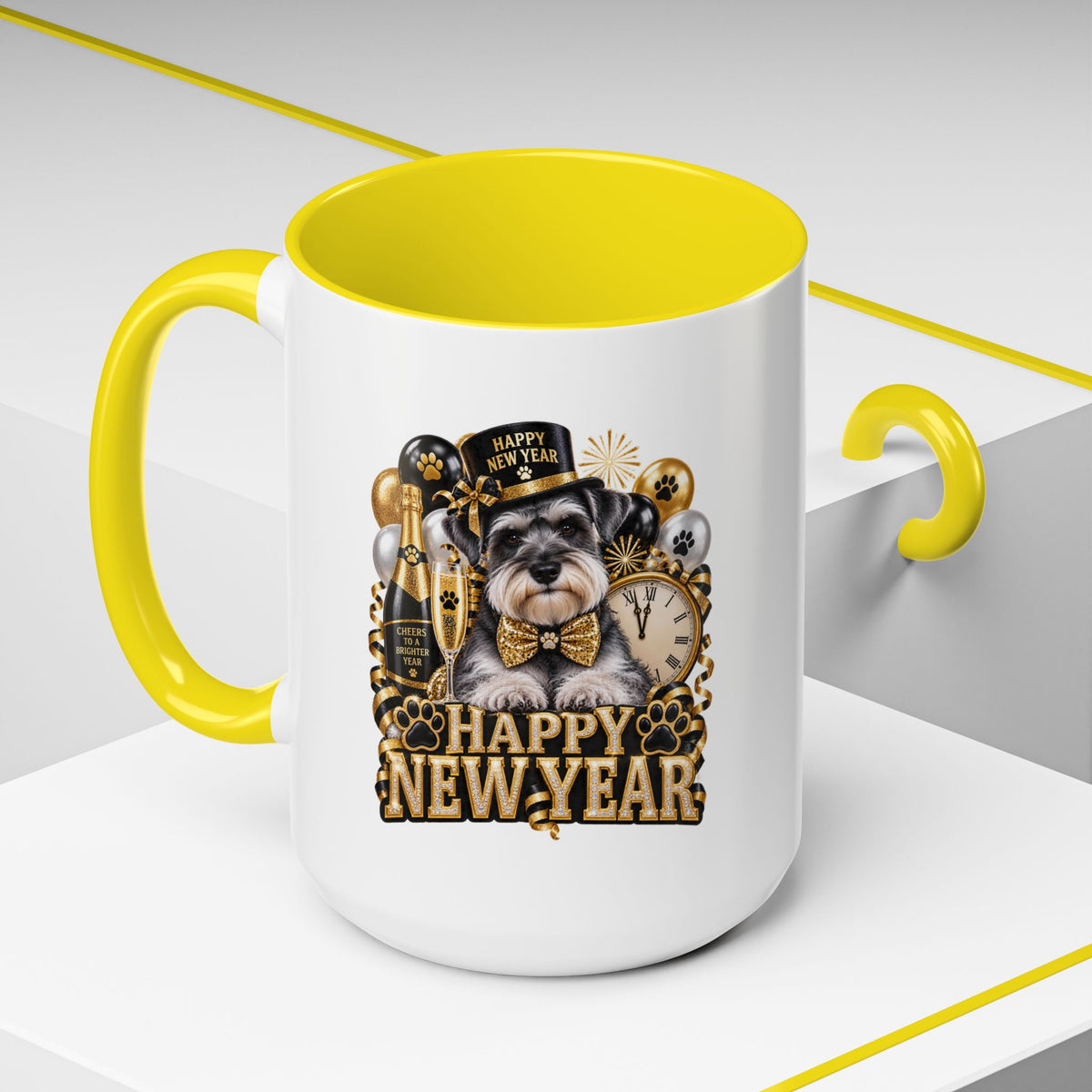 Happy New Year Dog Coffee Mug — Festive Black & Gold 11/15oz Accent Mug