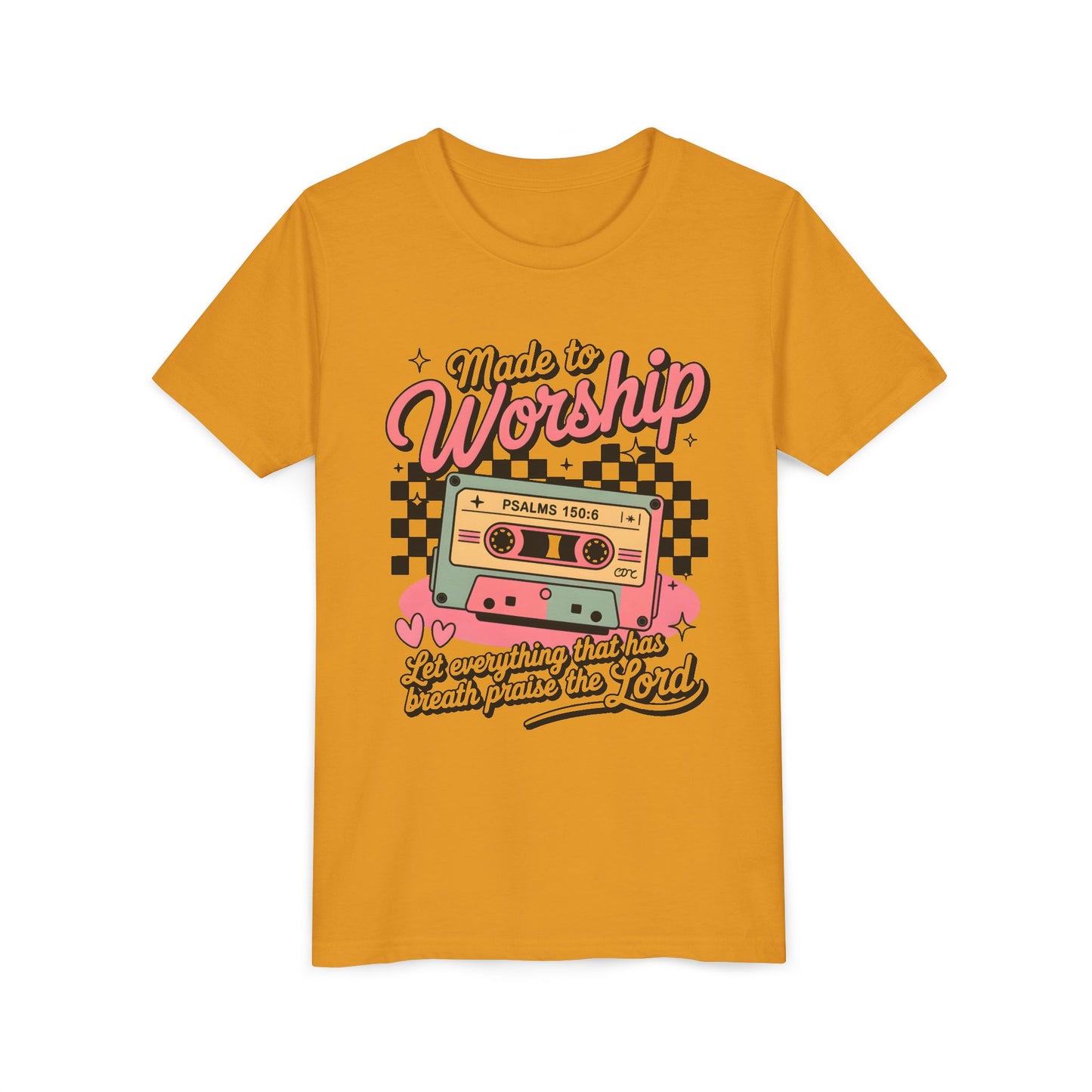 Made to Worship Youth Tee – Retro Cassette Christian Kids Shirt (Psalms 100:4)
