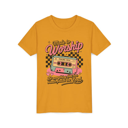 Made to Worship Youth Tee – Retro Cassette Christian Kids Shirt (Psalms 100:4)