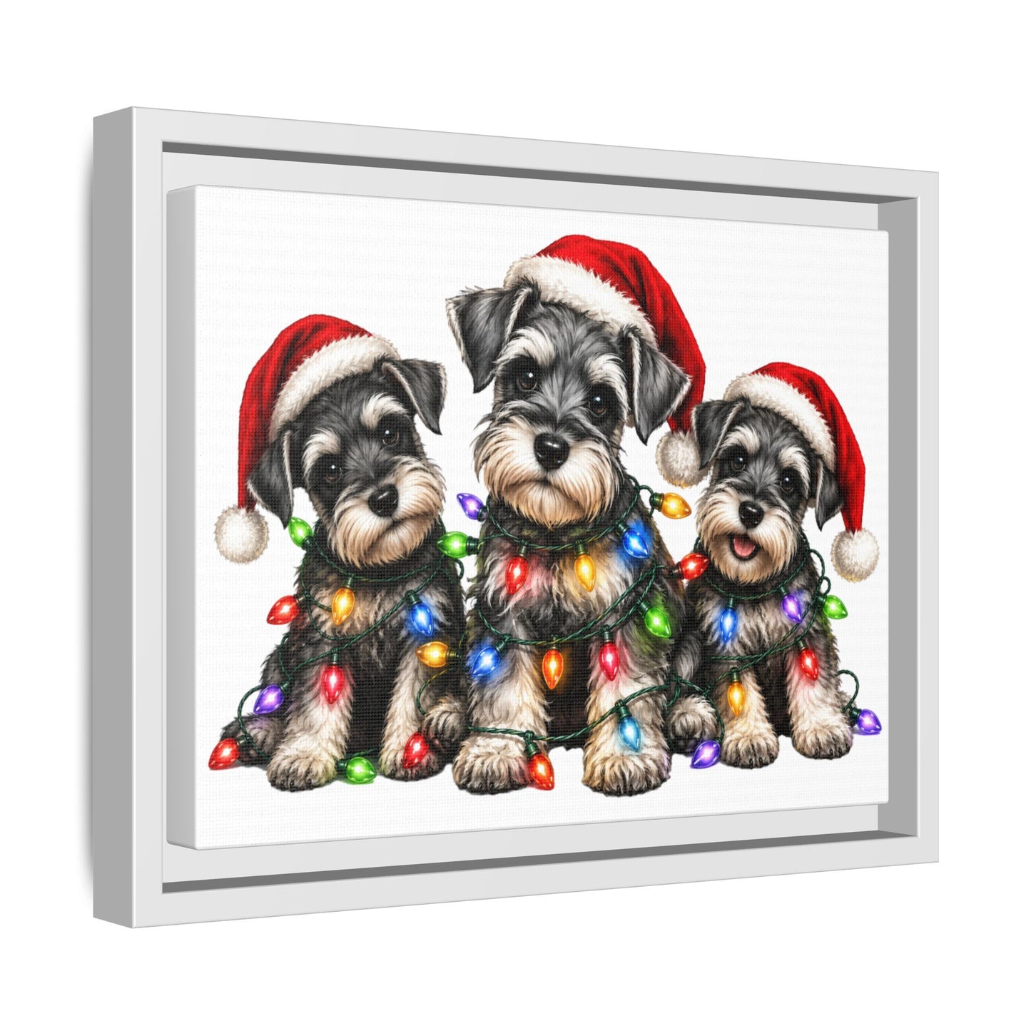 Christmas Schnauzer Canvas Print — Festive Puppies in Santa Hats (Matte Framed)