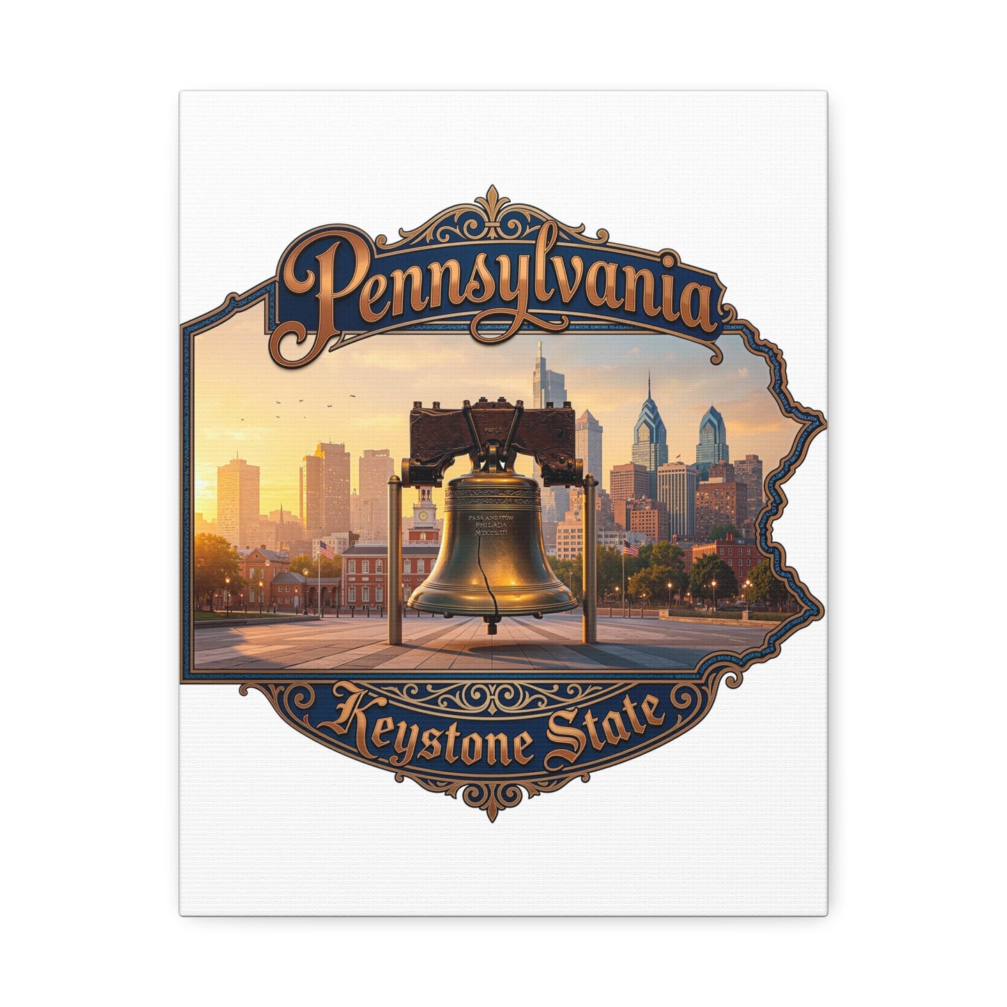 Pennsylvania Keystone State Canvas Wall Art – Liberty Bell & Philadelphia Skyline