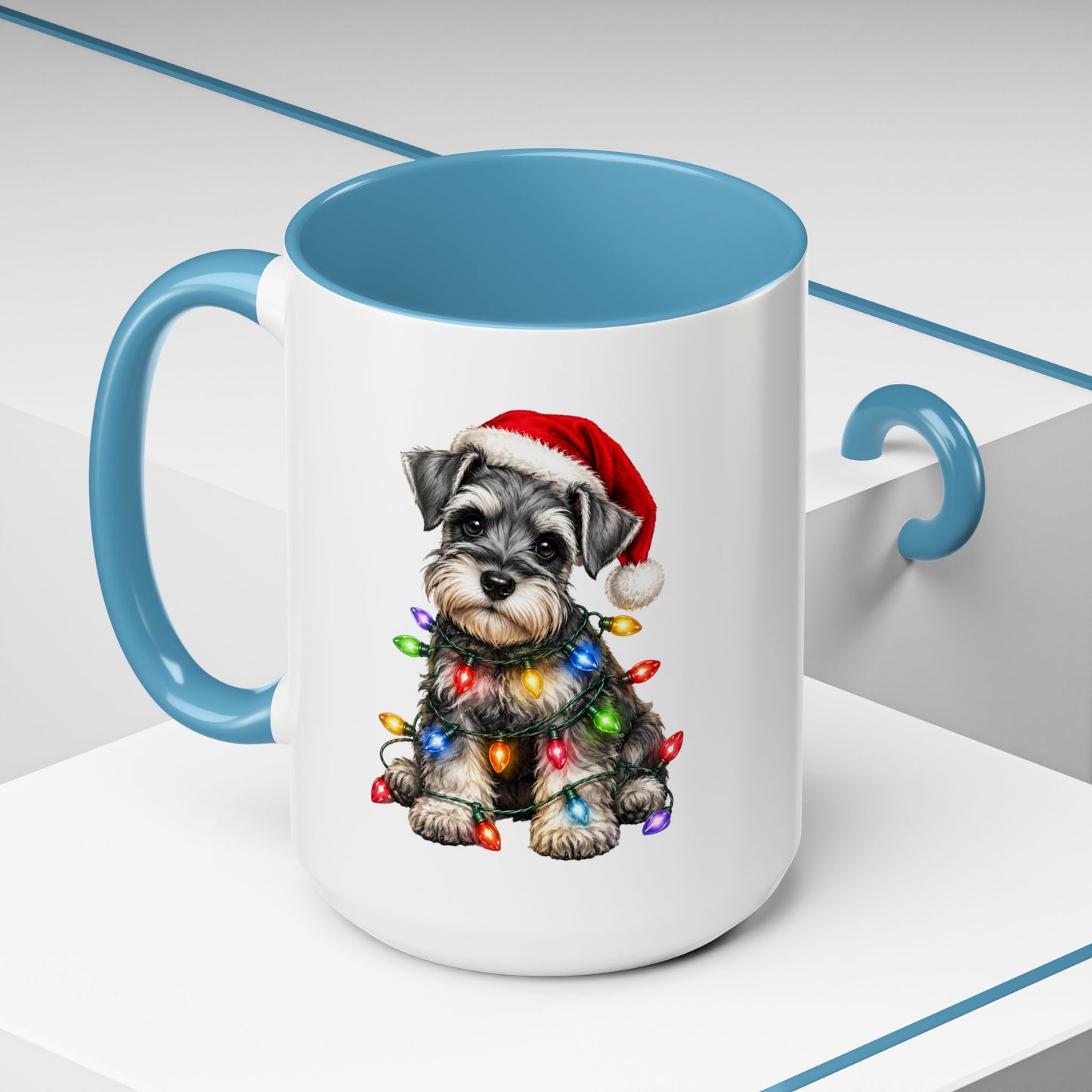 Christmas Puppy Coffee Mug — Schnauzer in Santa Hat with Holiday Lights (11/15oz)