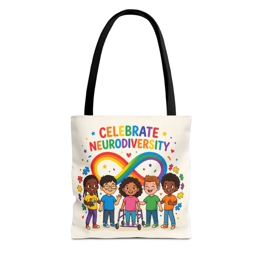 Celebrate Neurodiversity Tote Bag — Rainbow Infinity Symbol with Diverse Kids