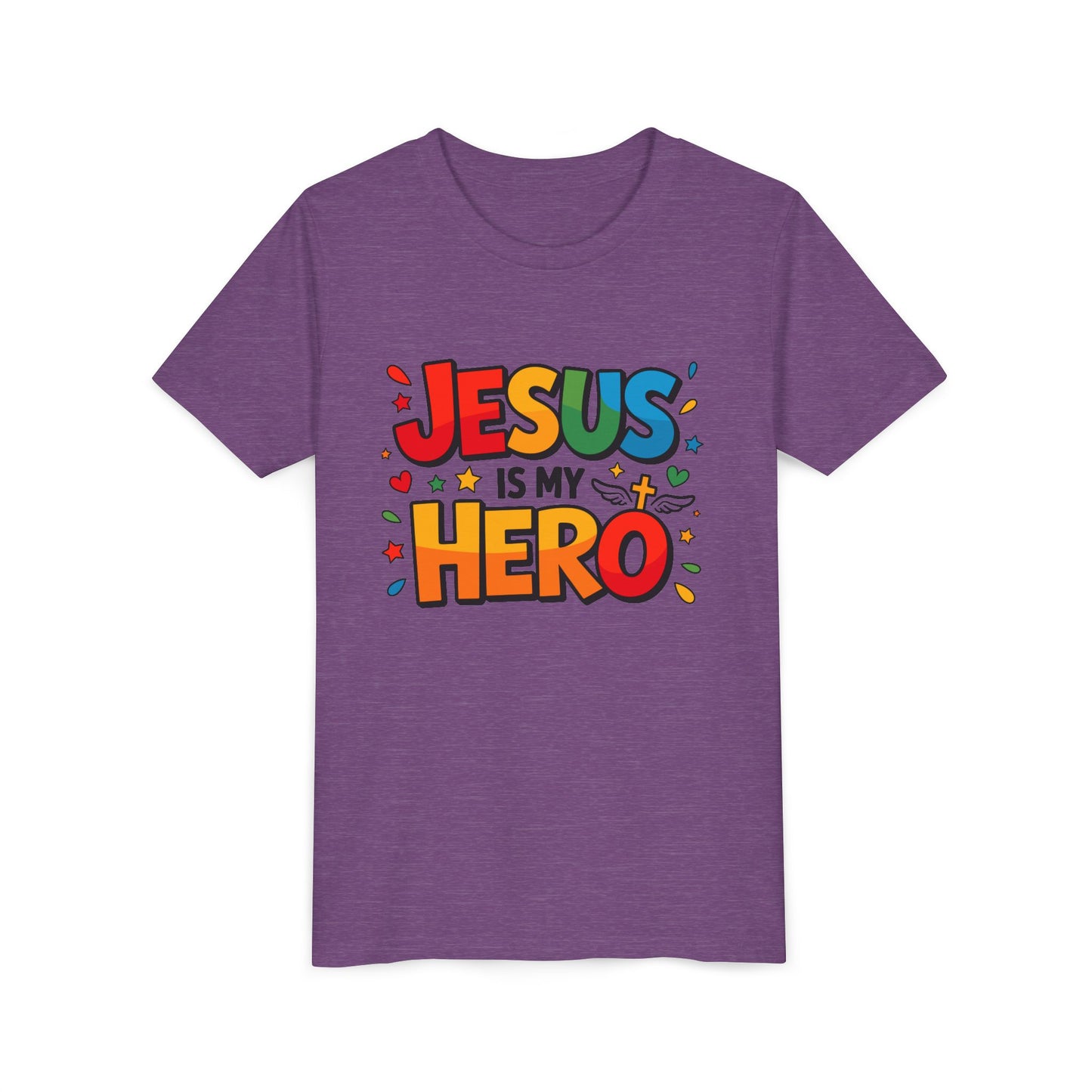 Youth Tee — "Jesus Is My Hero" Colorful Kids Christian T-Shirt