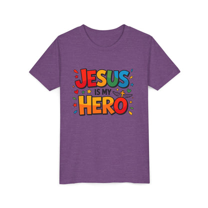 Youth Tee — "Jesus Is My Hero" Colorful Kids Christian T-Shirt