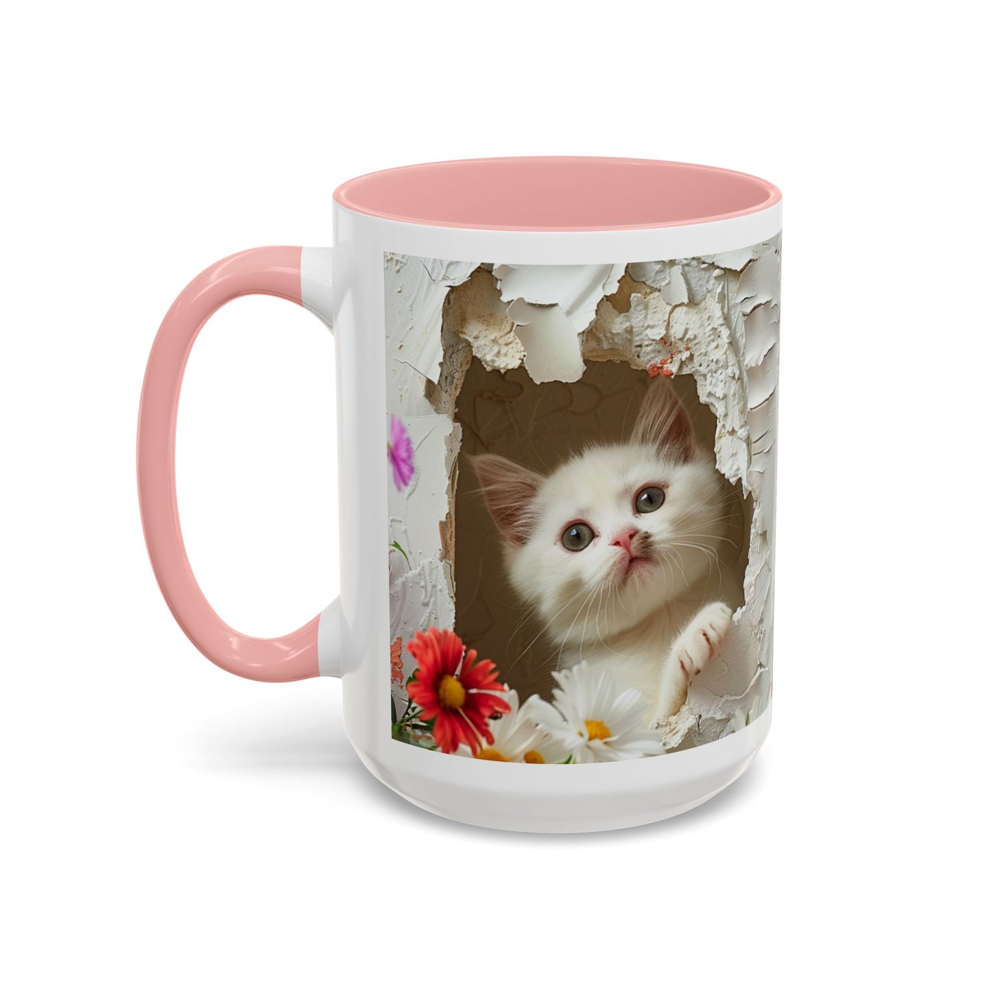 Peek-A-Boo Kitten Accent Coffee Mug — Cute Cat Floral Design (11/15oz)