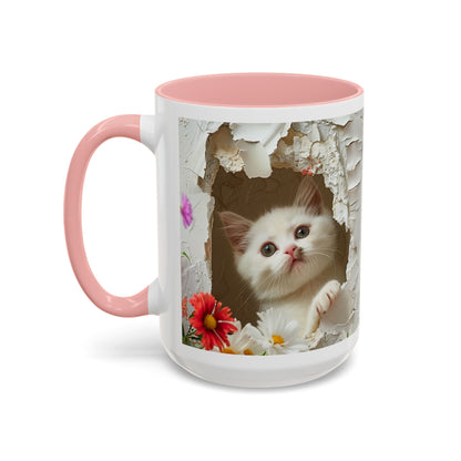 Peek-A-Boo Kitten Accent Coffee Mug — Cute Cat Floral Design (11/15oz)
