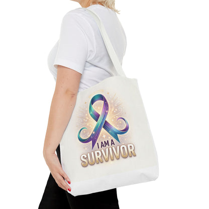Survivor Ribbon Tote Bag - "I Am a Survivor" Awareness Reusable Shopper