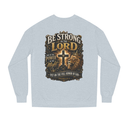 Christian Crewneck Sweatshirt — “Be Strong in the Lord” Cross & Lion Faith Pullover