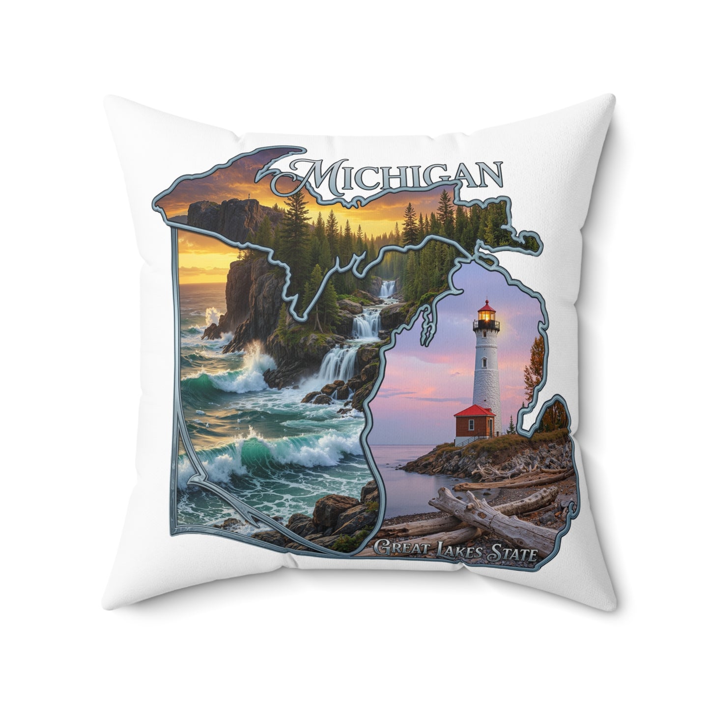 Michigan Lighthouse Decorative Pillow — Great Lakes Scenic State Home Accent