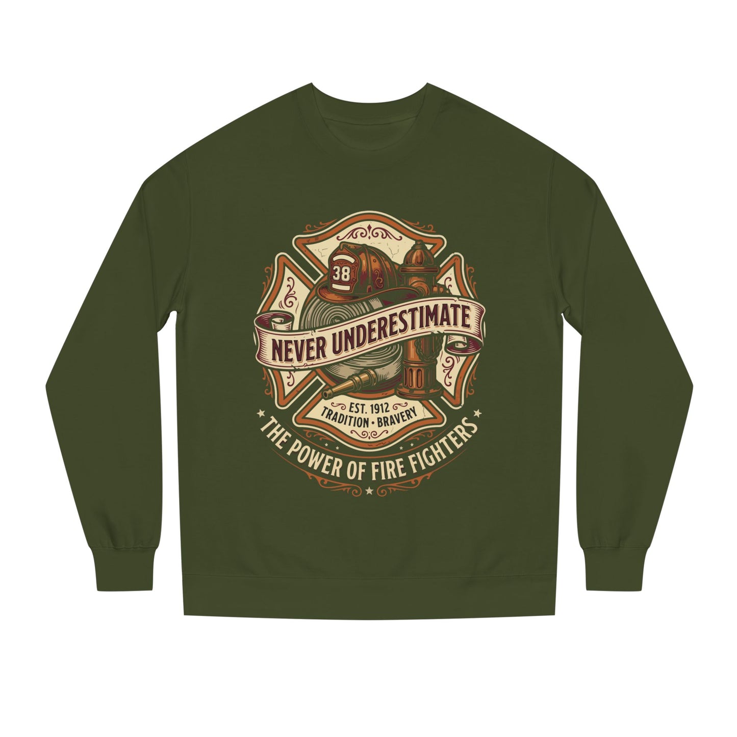 Firefighter Crewneck Sweatshirt — "Never Underestimate" Vintage Firefighter Badge