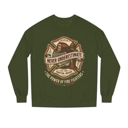 Firefighter Crewneck Sweatshirt — "Never Underestimate" Vintage Firefighter Badge