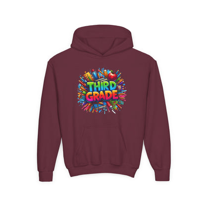 Third Grade Kids Hoodie — Colorful School Supplies Back-to-School Sweatshirt