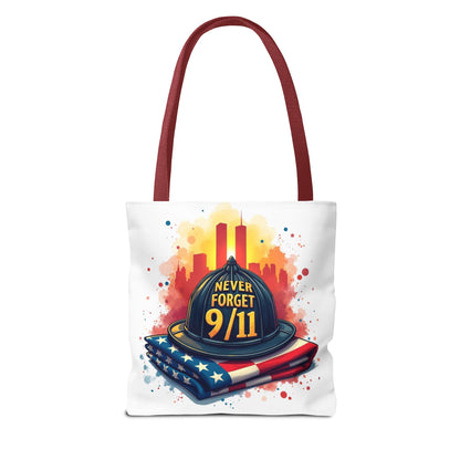 Never Forget 9/11 Memorial Tote Bag — Firefighter Helmet & Flag Tribute