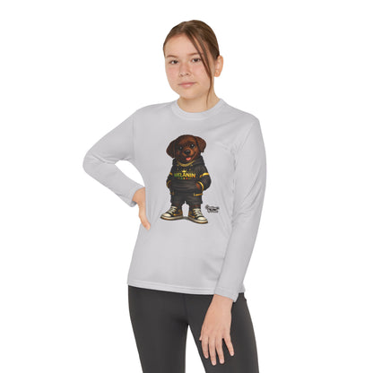 Youth Long Sleeve Tee — Cute Rottweiler Pup Graphic "Melanin" Hoodie Design
