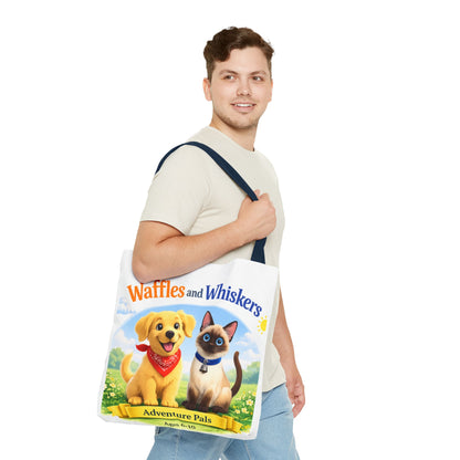 Waffles & Whiskers Adventure Pals Tote Bag — Cute Puppy and Kitten Kids Book Design
